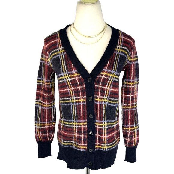 J Crew Womens Cardigan Sweater Small Red Blue Plaid Wool Mohair Pockets Buttons - Picture 13 of 13